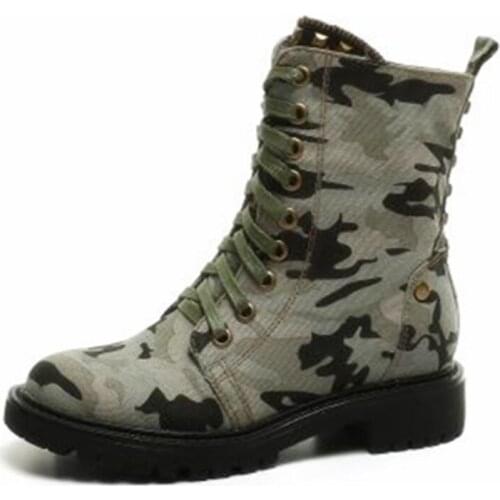 2021 New Camouflage Denim Boots Thick Sole Platform Women Ankle Boots Lace-up Jean Shoes Woman Low Heel Autumn Booties