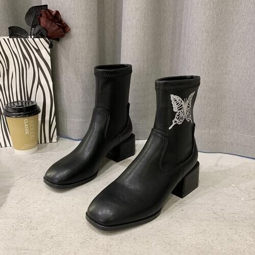 Womens Fashion Korean Version Night Luminous butterfly womens Boots Chelsea Boots Embroidered Butterfly Boots Women Black 2020