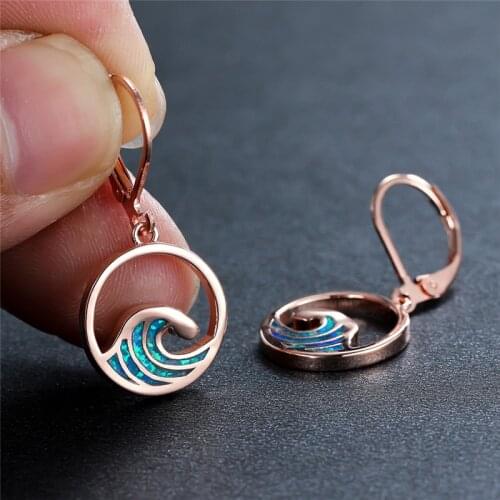 Boho Female Beach Waves Long Earrings Rose Gold Silver Color Clip Earrings For Women Dainty White Blue Opal Wedding Earrings