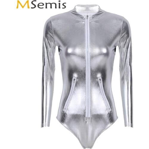 Women Sexy Wetlook Leotard Bodysuit Stand Collar Long Sleeve Patent Leather Catsuit Clubwear Pole Dance Zipper High Cut Jumpsuit