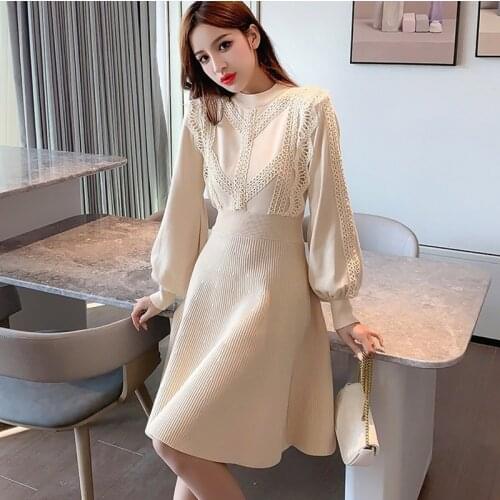2021Autumn winter fashion casual women Lantern Sleeve Lace stitching Long Sleeve O neck Knit Dress