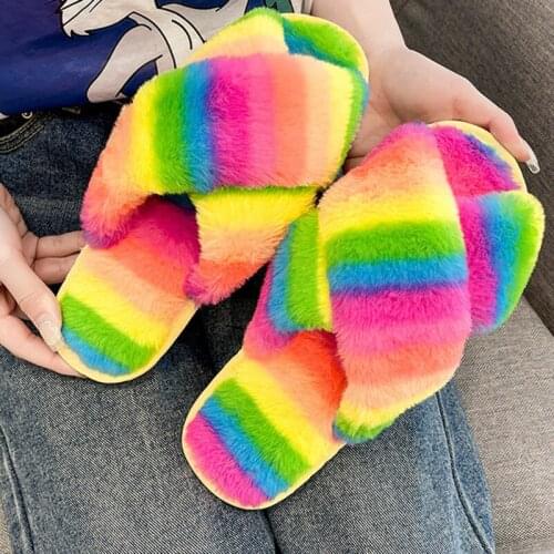 Winter Womens Home Slippers Faux Fur Fashion Ladies Warm Shoes Woman House Slippers Slip On Flats Female Open Toe Slides sh171