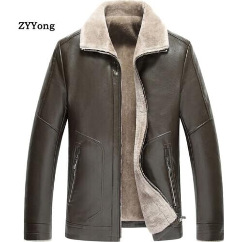 Winter Black Fleece Fur Turndown Collar Leather Jacket Men Parka Coat Overcoat Plus Velvet Warm PU Casual Outwear Windbreaker