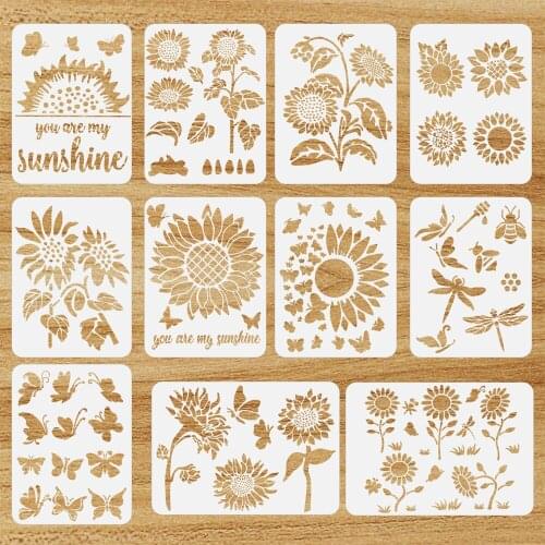 11Pcs/Set Sunflower Painting Stencils Reusable Plants Stencil Template Stencils with Metal Open Ring for DIY Paint Craft Wall