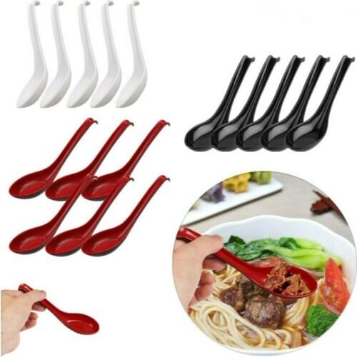 US STOCK 5/10Pcs Plastic Soup Spoons Long Handle Hook Chinese Dinner Spoon for Restaurants Home Flatware Hotel Food Shop
