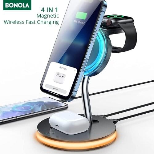 Bonola Qi 15W Wireless Charge 4 in 1 Station for iPhone 11 12 X XR 8 Plus Fast Charging for Apple Watch 6 5/Airpod Pro/2 Charger