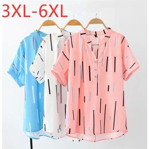 New 2021 summer plus size tops for women large blouse short sleeve casual loose stripe V neck shirt blue pink 3XL 4XL 5XL 6XL