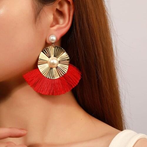 Bohemian Tassel Earrings Blue White Red Geometric Cotton Silk Fringe Big Dangle Earrings For Women 2021 Fashion Female Jewelry