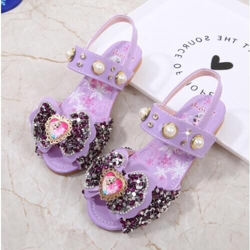 Disney Elsa Princess Kids Leather Sandals For Girls Casual Glitter Children Flat Heel Girls Shoes Knot Blue Pink Silver Sandals