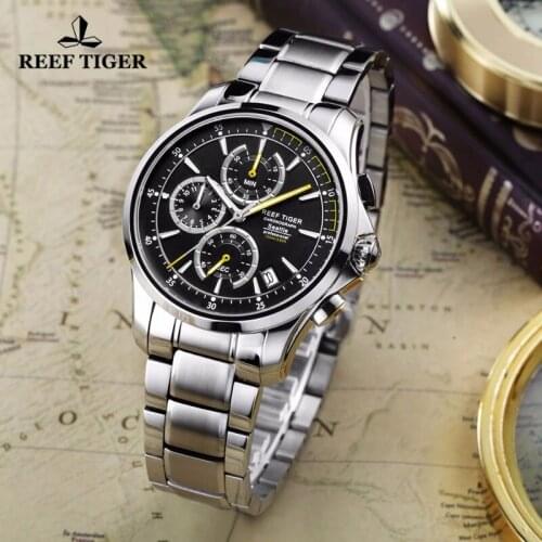 Reef Tiger/RT Top Brand New Men Quartz Wristwatch Luxury Sapphire Glass Sports Watch Steel Strap Chronograph Watch Men Relogio