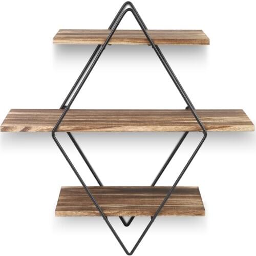Wood Wall Shelves Hanging Geometric Vintage Style Floating Metal Wall Mounted Shelves For Living Room Bedroom Decoration