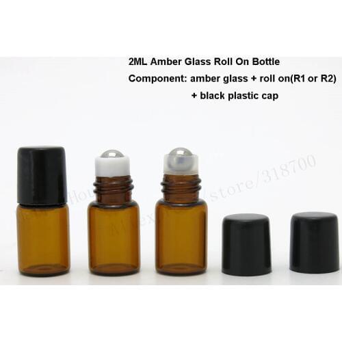HOT SALE 1000 x 2ml Small Amber glass roll on bottle with black cap,2cc stainless steel roller ball for essential oils perfume