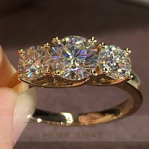 14K Yellow Gold Women Ring 3 Pcs Moissanite Diamonds Round Elegant Wedding Party Engagement Anniversary Ring Present Trendy
