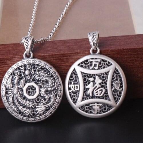 Fashion New Solid s999 Silver Dragon and Phoenix Pendant Filigree Safe Buckle Man and Woman Lucky Charm Pendant