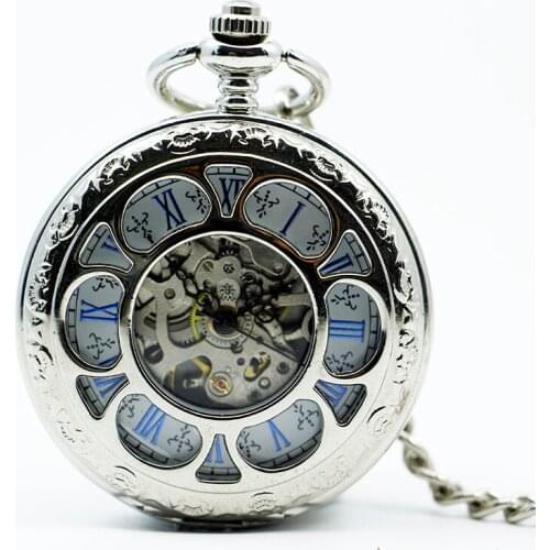 5pcs High Quality Silver Hollowed Cover Mechanical Pocket Watch Blue Roman Dial Flip Watch Wiith Cowboy Chain