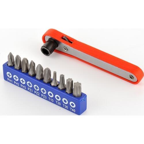 Mini 1/4 Inch Ratchet Wrench Screwdriver Bit Set Pocket Size Reversible Drive Handle and Phillips Slotted Torx Pozidriv Hex Bits