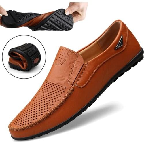 Summer Men Shoes Casual Luxury Brand Italian Mens Loafers Genuine Leather Moccasins Hollow Out Breathable Slip on Driving Shoes