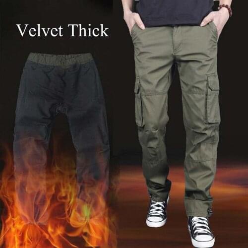 Mens Winter Pants Thick Warm Cargo Pants Casual Fleece Pockets Fur Trouser Plus Size 3XL Fashion Loose Baggy Joger Worker Male