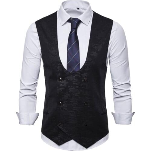 Mens Sleeveless Suit Vest U-neck Print Dark Lines Double-Breasted Slim Fit For Mens Casual Formal Waistcoat Clothing 2021