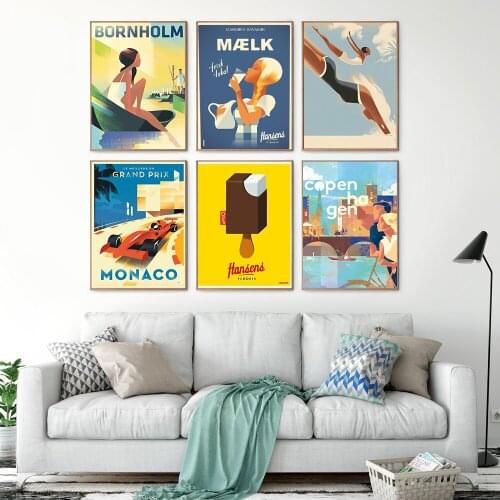 Summer Seaside Travel Wall Art Vintage Swimming Girls Canvas Painting Ice Cream Poster and Print Picture Living Room Home Decor