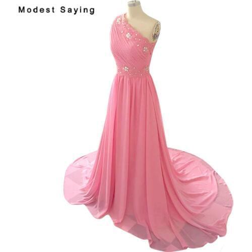 Real Photo Elegant Pink One Shoulder Pleated Evening Dresses 2018 with Rhinestone Formal Lace Party Prom Gowns vestido de festa