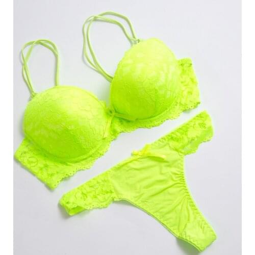 Push Up Bra Set Thong Lace Lingerie Women Underwear Sets Solid Strapless Brief Sets Woman Adjusted-straps C D CUP Green Purple