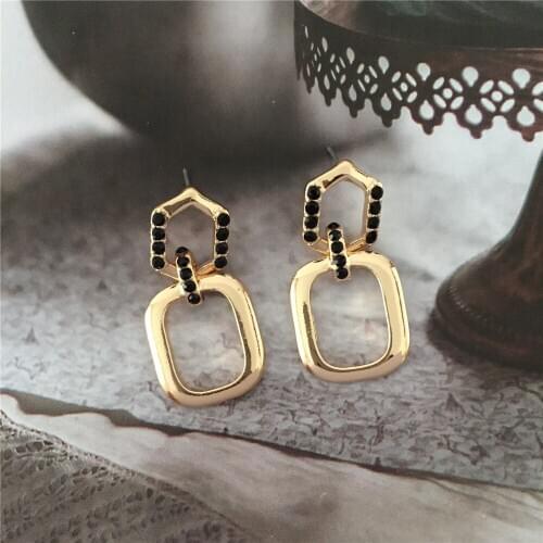 2020 New Trendy Gold Color Plating Clear or Black Stone Paving Square Linked Earrings For Women Girl Office Lady Decoration