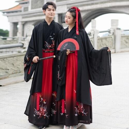 Couples Hanfu Chinese Ancient Traditional Clothes Women Men Tang Dynasty Folk Dance Costume Festival Outfit Black Caot DN4903