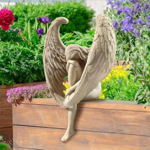The Anguished Angel Long-Winged Sitting Statue Resin Sorrowful Angel Figure Memorial Gift Cemetery Statues Crying Angel D1