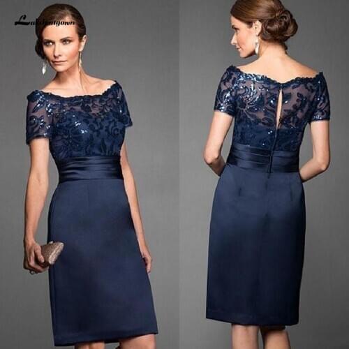 Vestido Noiva Short Navy Blue Satin Mother Dress Scoop Lace Short Sleeves Elegant Guest Wedding Party Gowns