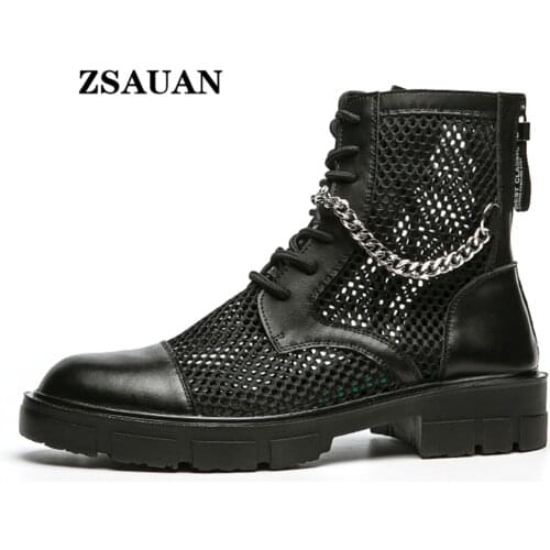 ZSAUAN High Top Men Boots Casual Work Tooling Boots Metal Chain Mesh Summer Boots Street Fashion British Shoe Punk Cool