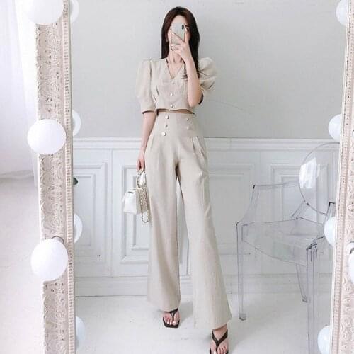 Temperament OL Summer Women V Neck Puff Sleeve Single-Breasted Short Blouse Top + Hight Waist Wide Leg Pants Two Piece Set