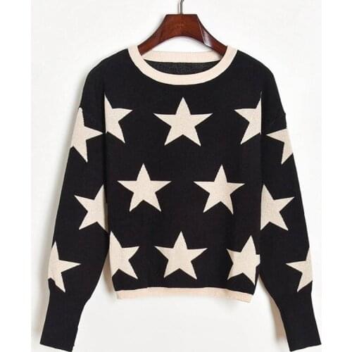 Women Fall 2020 Black Sweater Stars Jacquard Knit Pullover Autumn Sweaters for Women Female Casual Loose Jumper Knitwear