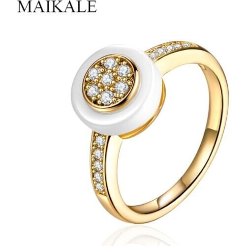 MAIKALE Luxury White Ceramic Ring Cubic Zirconia Ring Gold Color Plated Wedding Band Rings for Women Accessories Party Jewelry