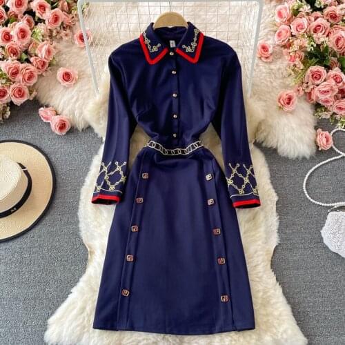 Amolapha Women Autumn OL Clothing Slinky Waist Turn-down Collar Long Sleeve Heavy Embroidery Workwear A-Line Knee-length Dress