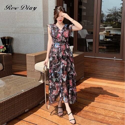 RoseDiary Womens Korean-Style Retro Chic Ruffled Patchwork V-neck Pleated Lace-up Waist Hugging Slim Puff Sleeve Dress Women