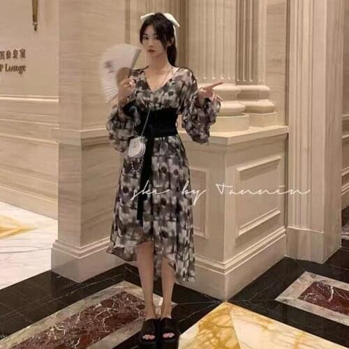 Harajuku Kimono Style Womens Mid Chiffon Dress Retro Loose Japanese Dresses Retro Temperament Waist Floral Long Skirt Female