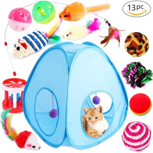 13pcs Cat Toy Kit Collapsible Tent Pet Toy Funny Channel Feather Mice Cat Stick Sisal Ball Bell Kitten Foldable Interactive Toys