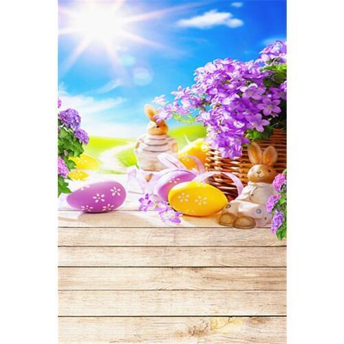 3x5ft Easter Rabbit Eggs Photo Backdrop Purple Flower With Sunshine Blue Sky Wood Floor Seamless Printed Photography Backgrounds