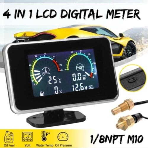 4in1 LCD Car Digital Gauge Oil Voltage Pressure Fuel Water Temp Meter 1/8NPT M10 Auto Replacement Parts Boost Gauges 12V 24V