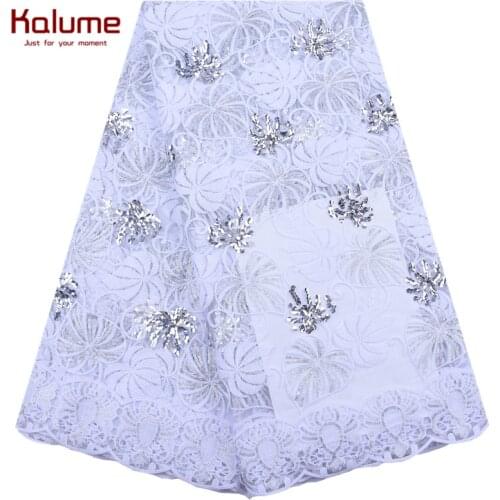 Kalume White African Lace Fabric Sequins Soft French Milk Silk Mesh Lace Fabric Two Kinds Of Sequins For Nigerian Wedding F2041