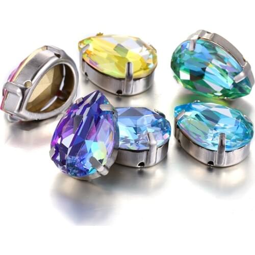 7x10mm Sew on Clothes Bags Shiny Strass Crystal Rhinestones Laser Shine Tear Drop Sew on Rhinestone with Thicken Copper Claws