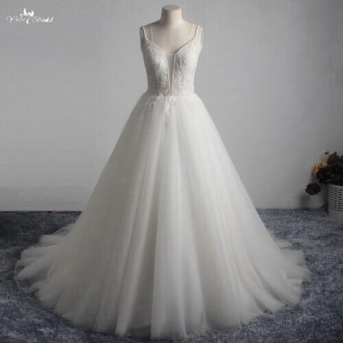 LZ290 Elegant Beaded Wedding Dress Ivory Lace Ball Gown Deep V-neck Pearls Bridal Gown Vestido De Noiva