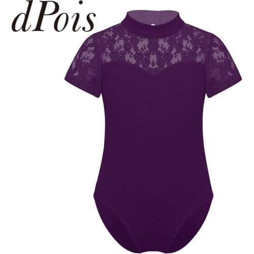 Girls Gymnastics Leotards Short Sleeves Jumpsuit Mock Neck Dancewear Kids Cutout Back Floral Lace Splice Ballet Leotard Bodysuit