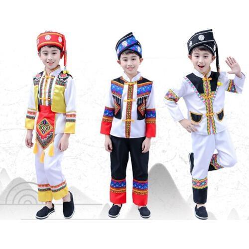 Hat and clothes suit chinese minority dance costumes for boys kindergarten performance clothes halloween cosplay carnival wear