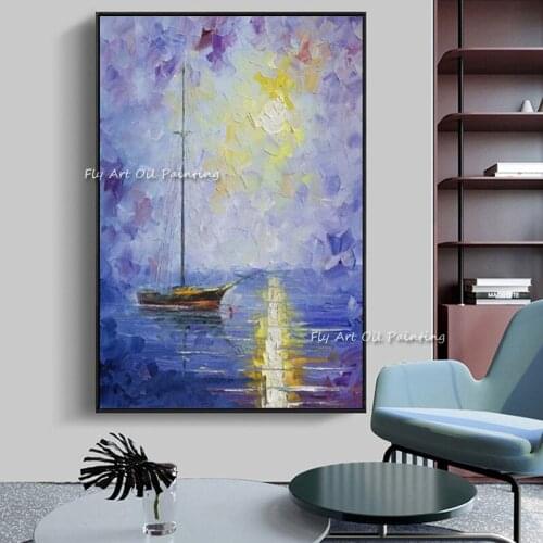 100% Handmade New Purple Sailboat Canvas Oil Painting Modern Abstract Art Painted By Skill Artist Home Decor For Living Room