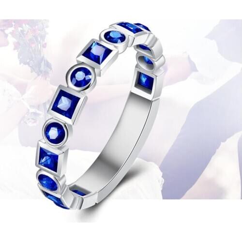 Seanlov Luxury Brand Jewelry Blue Color Inlay Cubic Zirconia Unique Shaped Ring for Women Wedding Engagement Jewelry