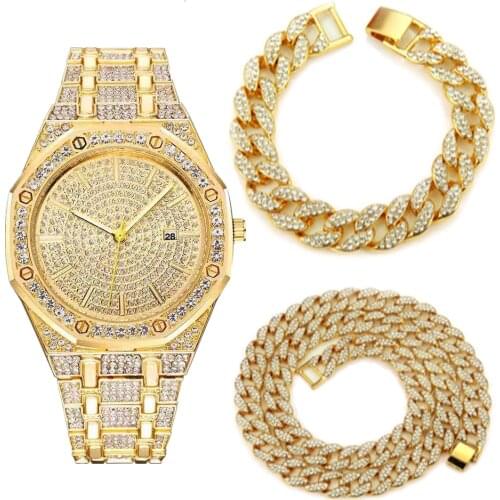 Choker Necklace Bracelet Watch Hip Hop Miami Cuban Chain Gold Watch for Men Iced Out Watches Paved Rapper Mens Watch Bangle Gift