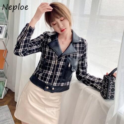 Neploe Autumn Winter Patchwork Weave Leather Jacket Turn Down Collar Long Sleeve Small Fragrance Chaquter Slim Oblique Zipper