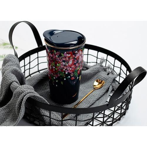 Creative Blue Glaze Cherry Blossom Double Layer Ceramic Heat-resistant Mug Large Capacity Water Cup With Cover Spoon Coffee Mug